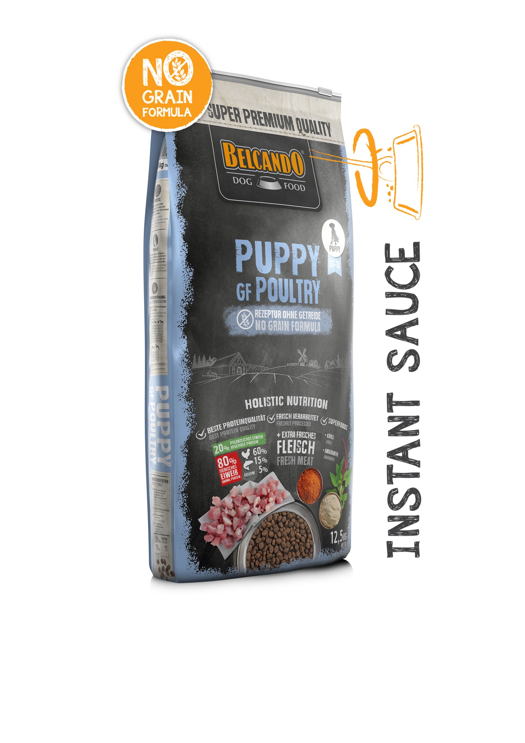 BELCANDO PUPPY GRAIN FREE POULTRY για κουτάβια όλων των φυλών έως και 3 μηνών και για νεαρούς σκύλους μικρόσωμων φυλών έως το τέλος της ανάπτυξης τους, με φρέσκο κρέας πουλερικών 12,5kg